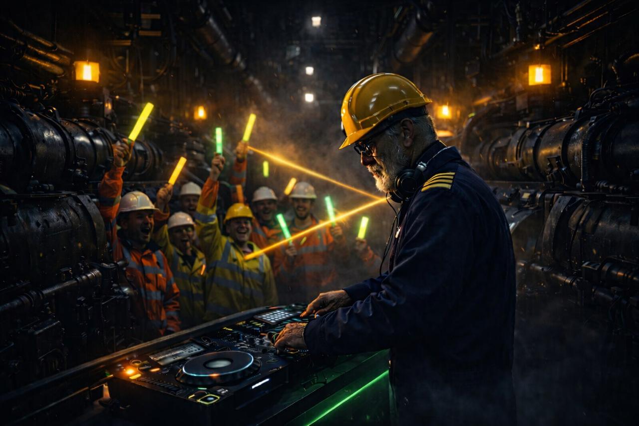 Captain in the engine room under neon lighting